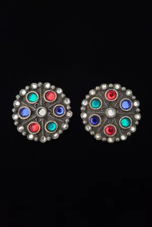 1960s Vintage Pewter Round Green, Red, and Blue Rhinestone Studded Shoe Clips