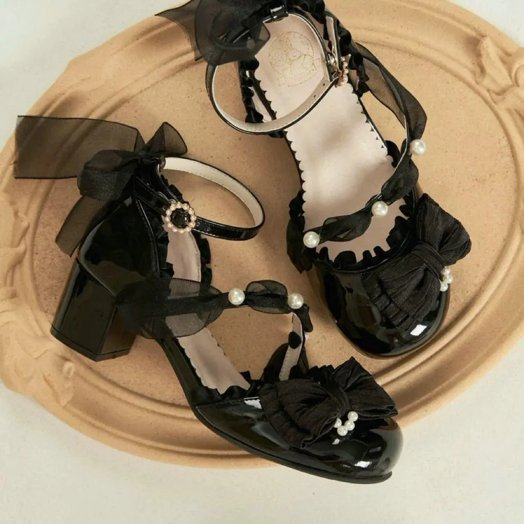 Black Lolita Vintage Shoes with Pearl - Lolita Vintage Heels with Bow