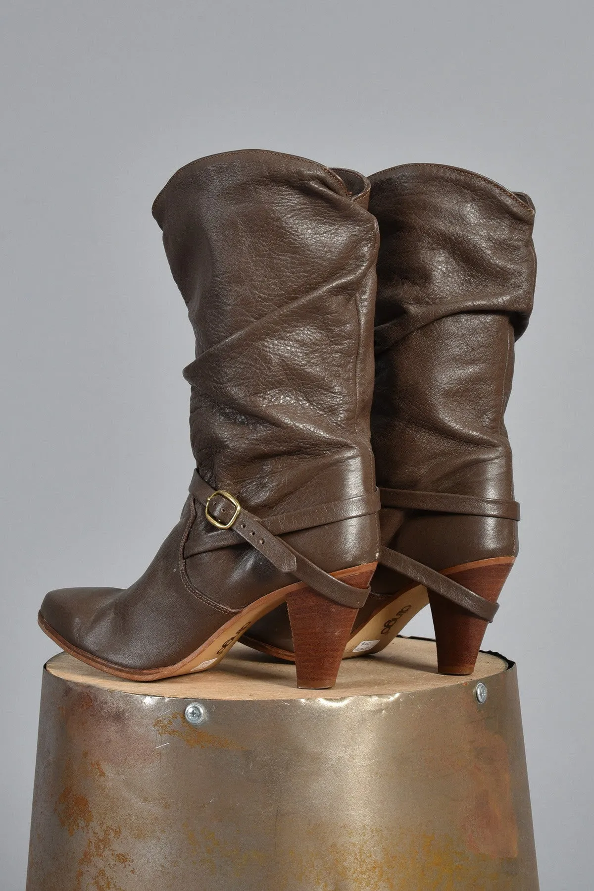 Cocoa Leather Boots w/Crossed Ankle Strap 8.5
