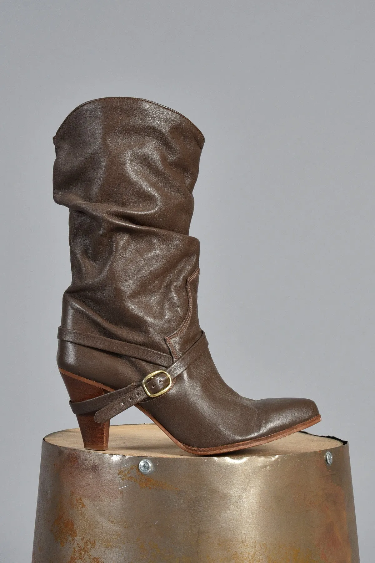 Cocoa Leather Boots w/Crossed Ankle Strap 8.5