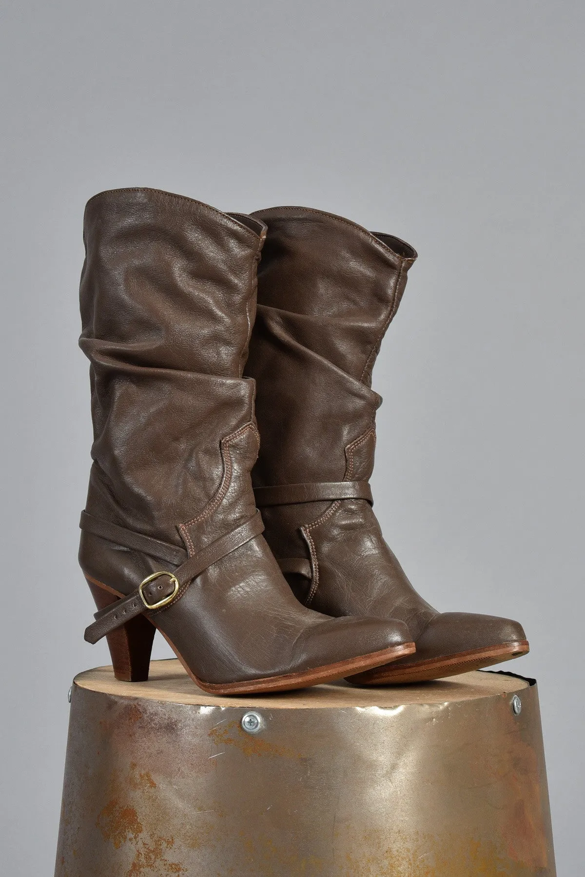 Cocoa Leather Boots w/Crossed Ankle Strap 8.5