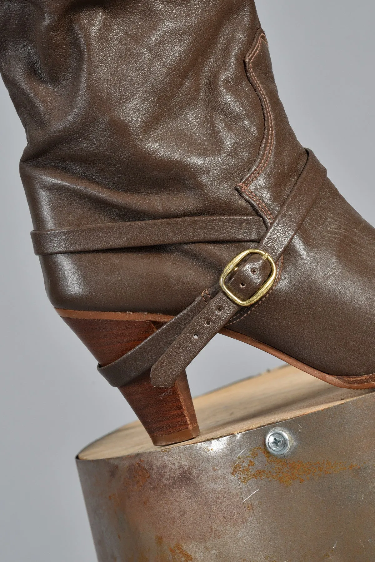 Cocoa Leather Boots w/Crossed Ankle Strap 8.5