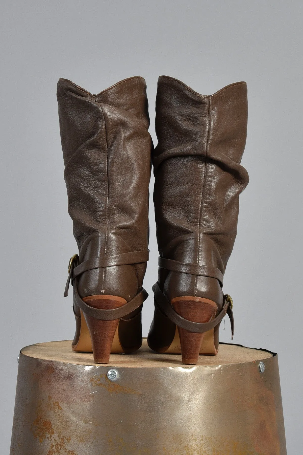 Cocoa Leather Boots w/Crossed Ankle Strap 8.5
