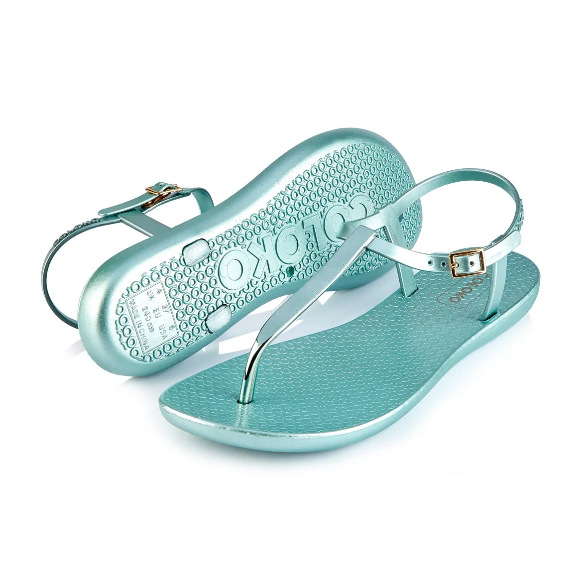 Coloko Sakura Metallic Green Chrome Curve Slim Sole T-bar Flip Flops Sandals