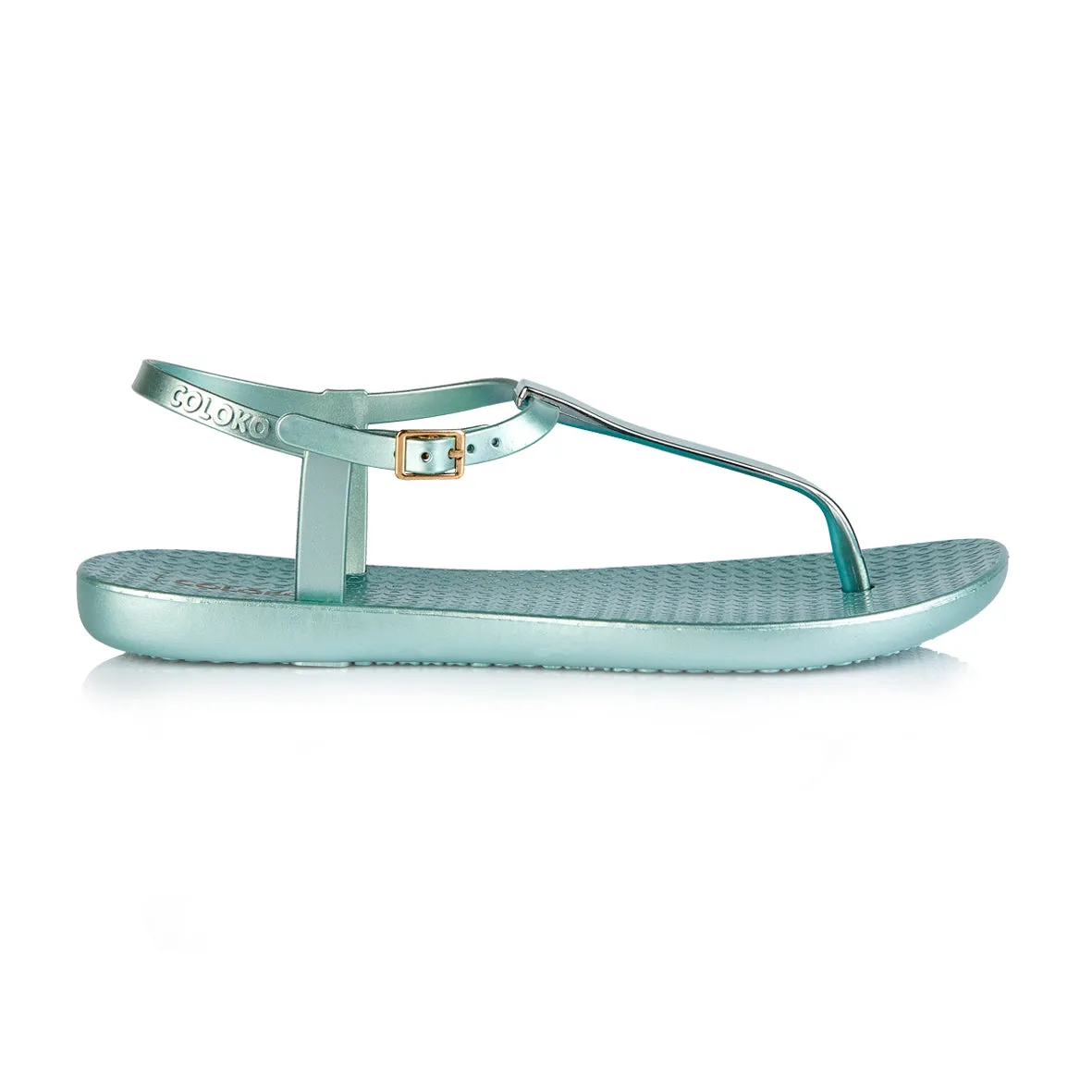 Coloko Sakura Metallic Green Chrome Curve Slim Sole T-bar Flip Flops Sandals