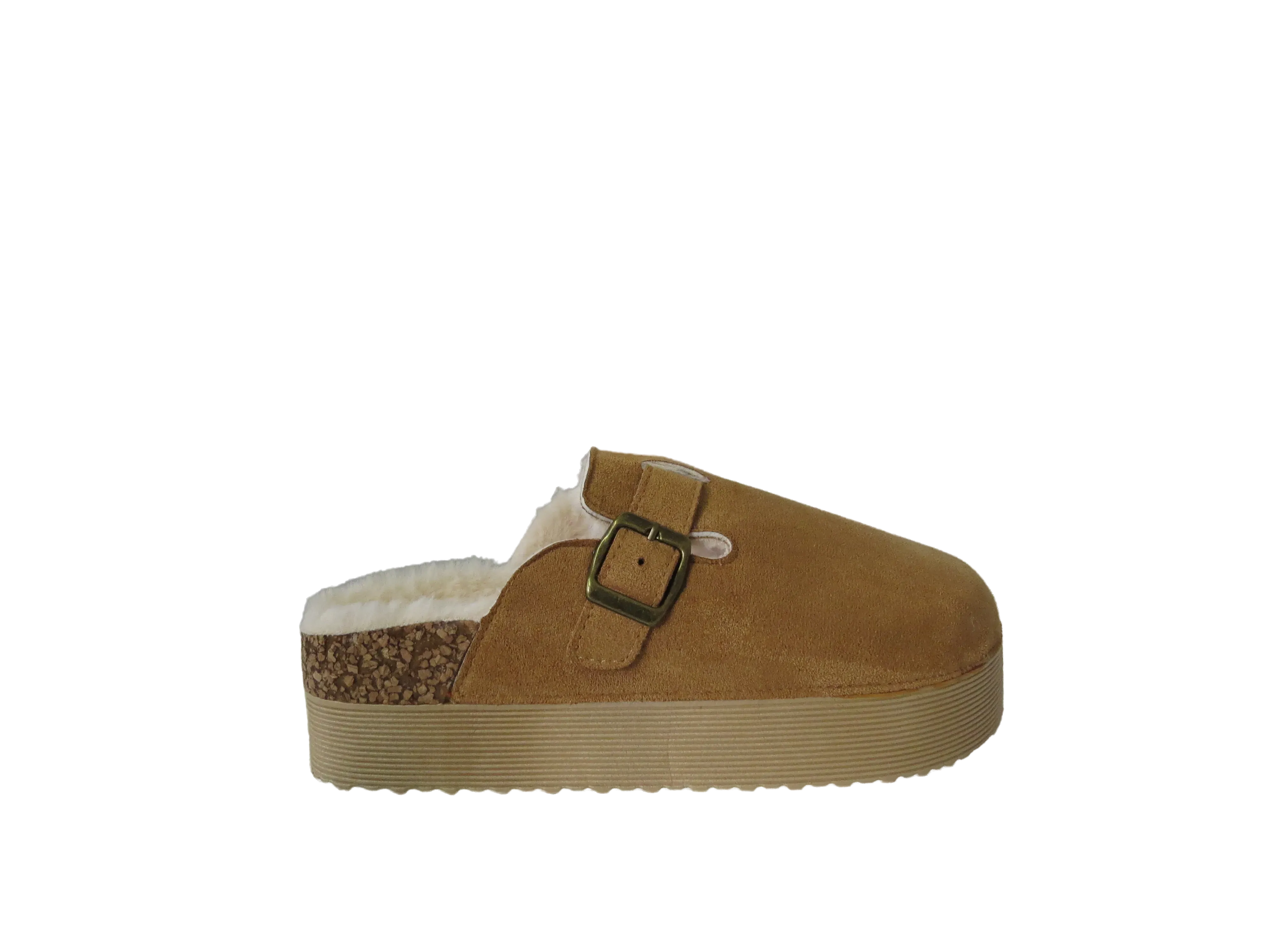 Ellen Ladies Faux Fur Lined Platform Mules Buckle Slippers