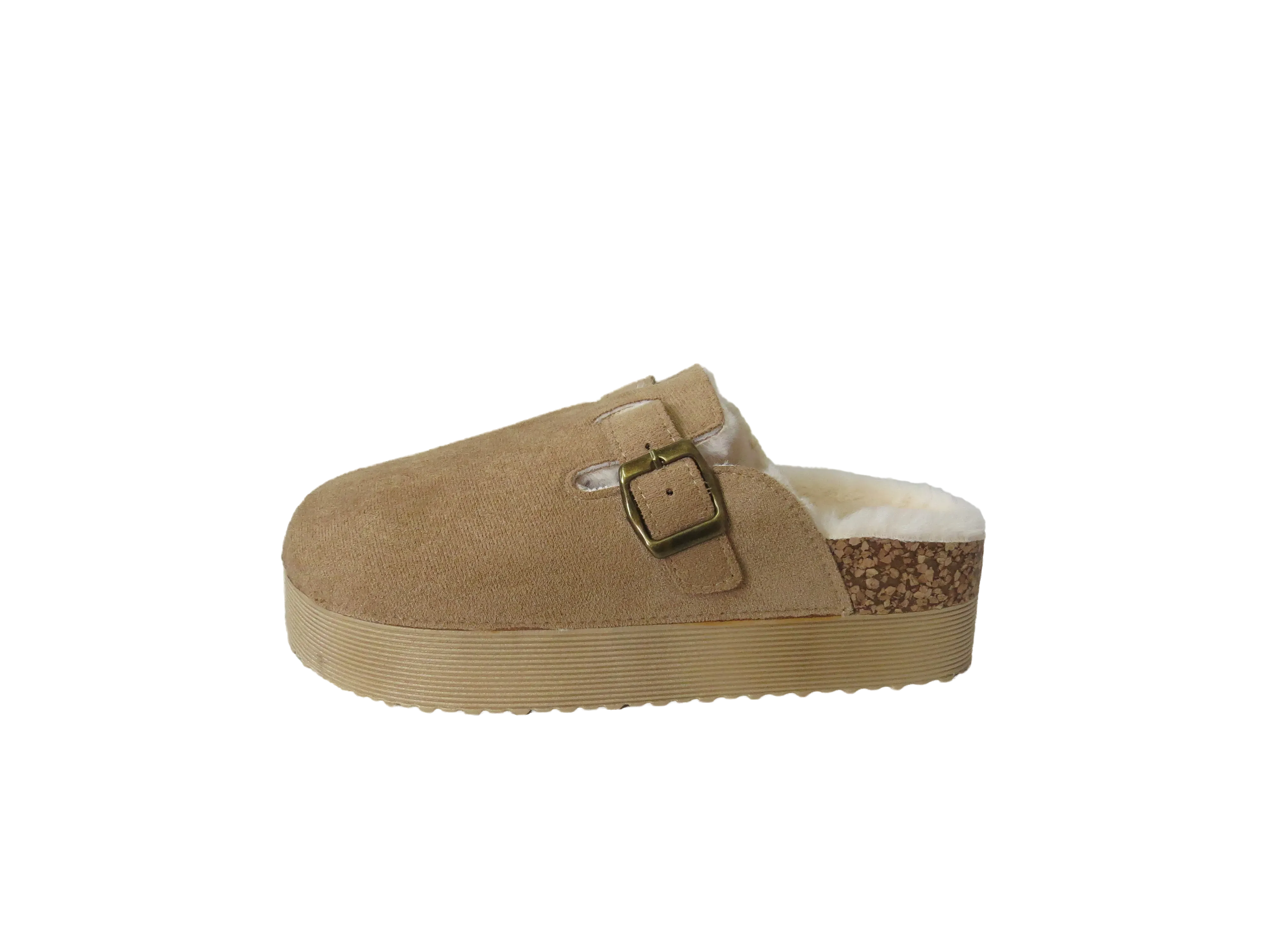 Ellen Ladies Faux Fur Lined Platform Mules Buckle Slippers
