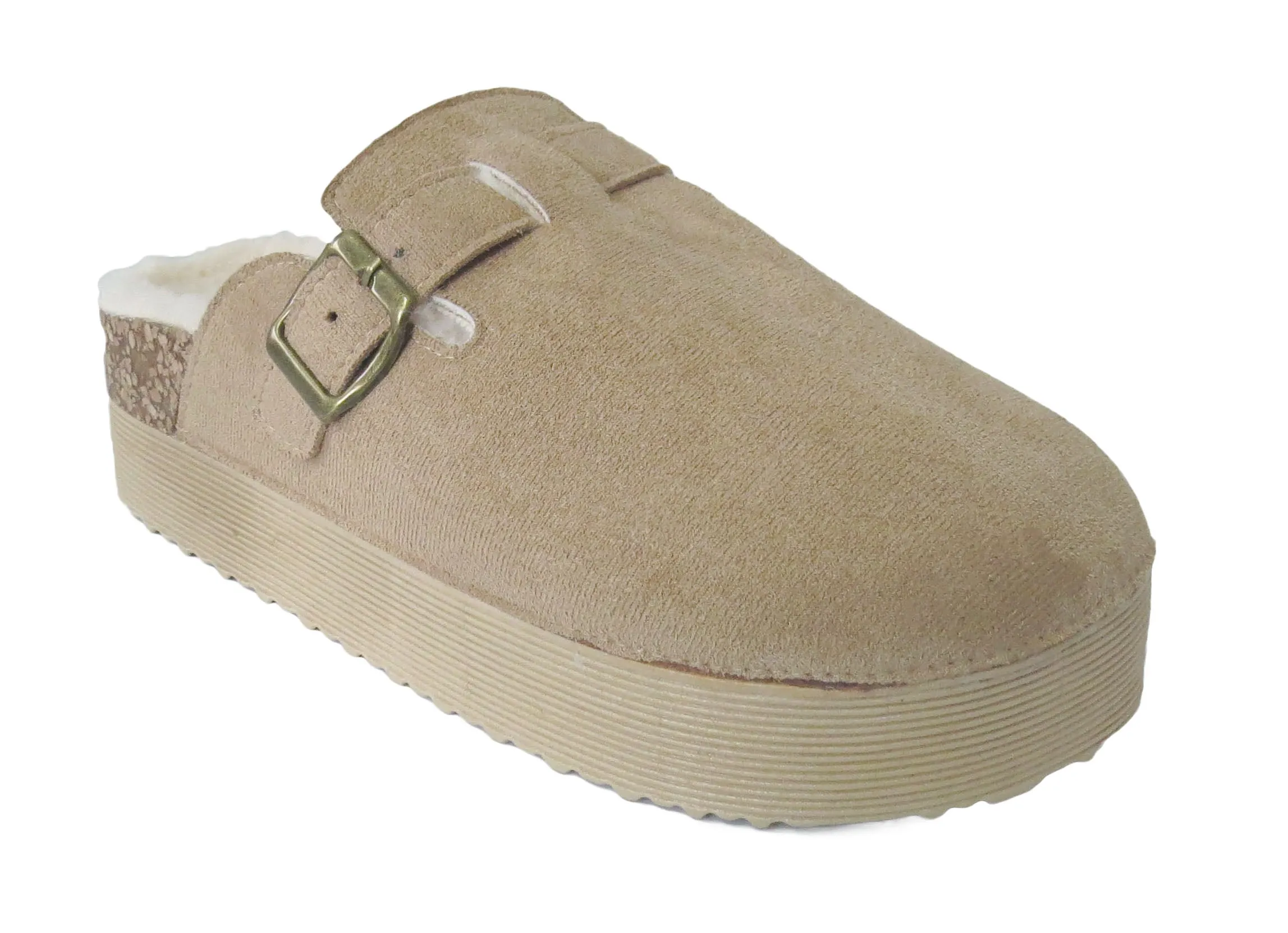 Ellen Ladies Faux Fur Lined Platform Mules Buckle Slippers