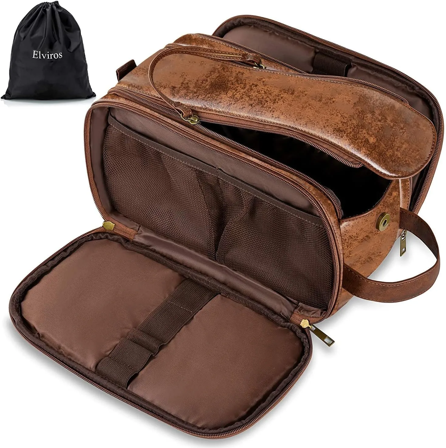 Elviros Travel Toiletry Bag for Men,Large Shaving Dopp Kit Water-resistant Bathroom Toiletries Organizer PU Leather Cosmetic Bags