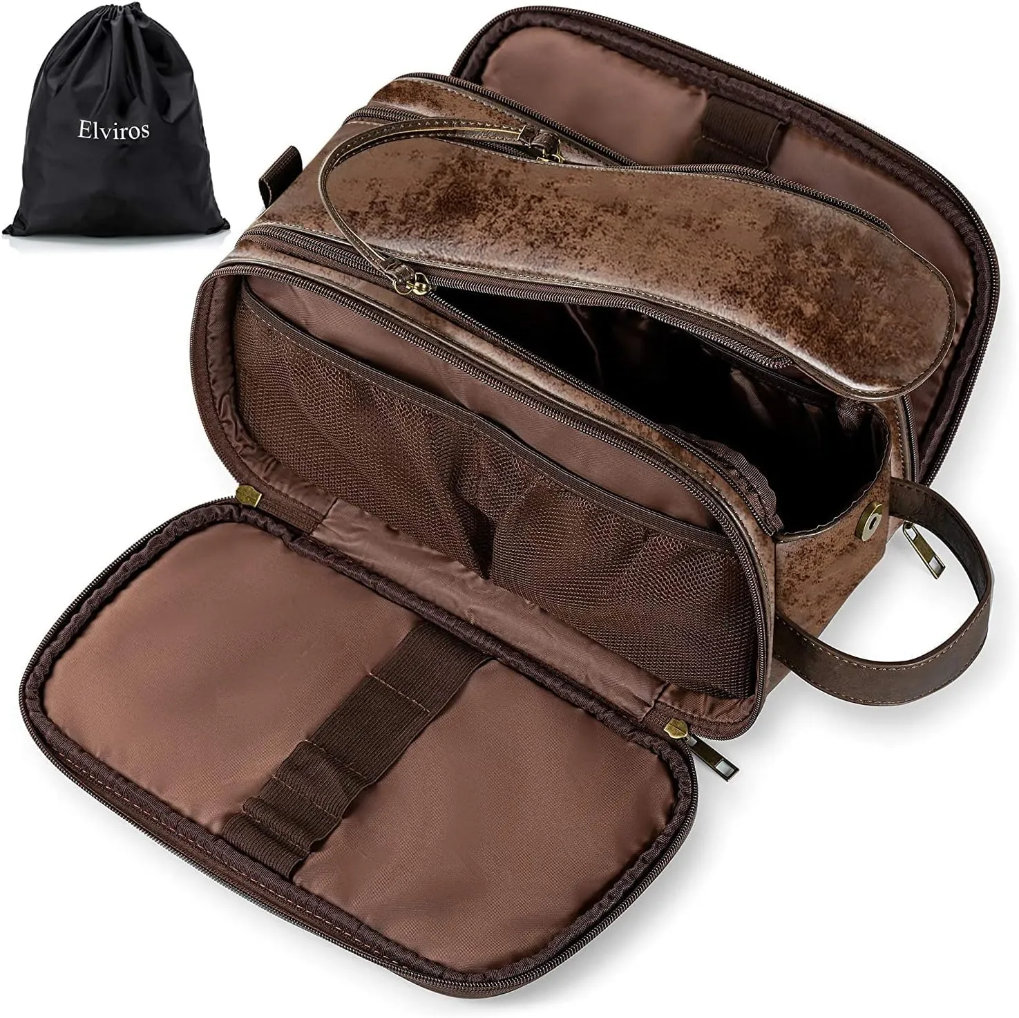 Elviros Travel Toiletry Bag for Men,Large Shaving Dopp Kit Water-resistant Bathroom Toiletries Organizer PU Leather Cosmetic Bags