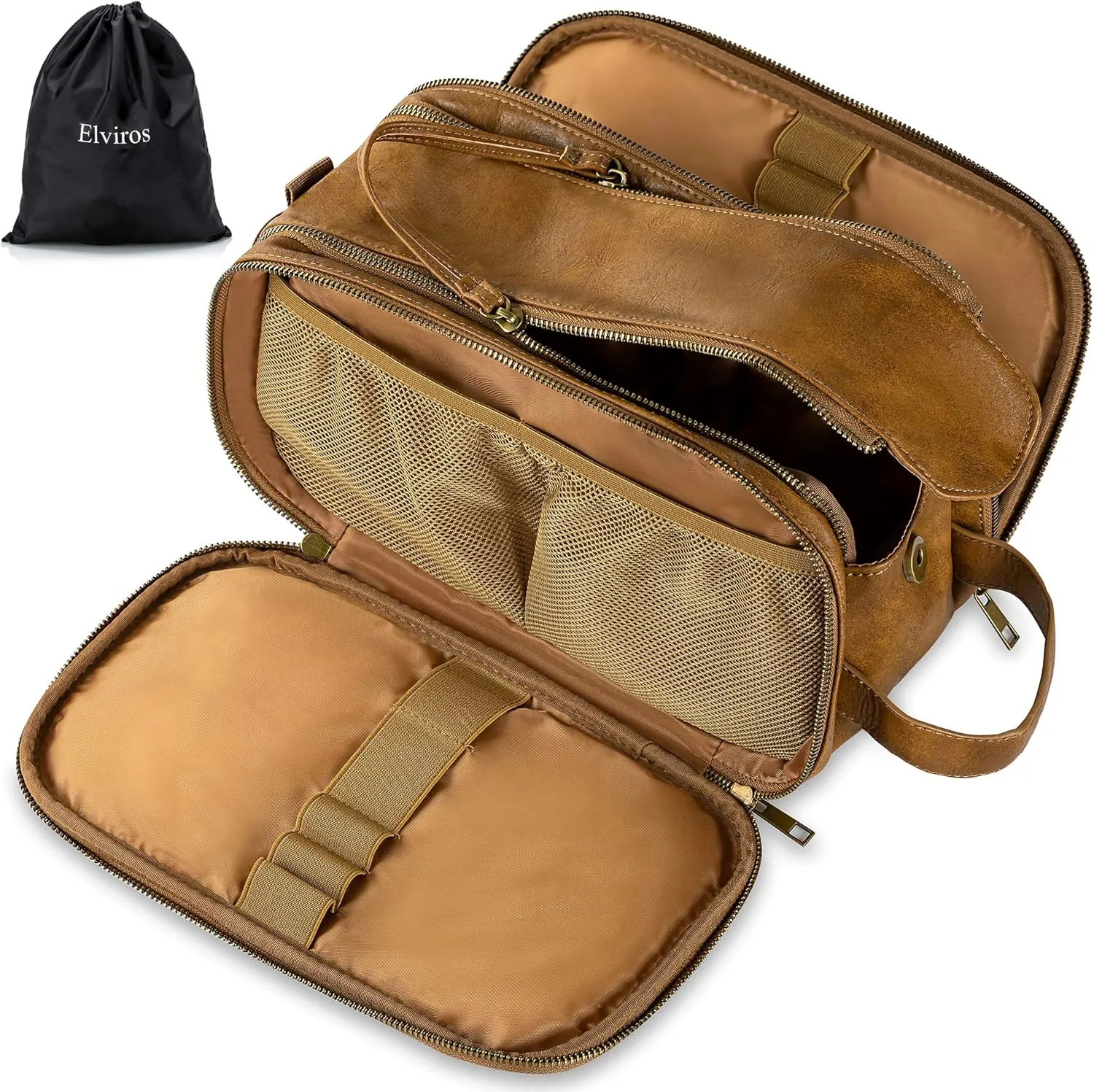 Elviros Travel Toiletry Bag for Men,Large Shaving Dopp Kit Water-resistant Bathroom Toiletries Organizer PU Leather Cosmetic Bags