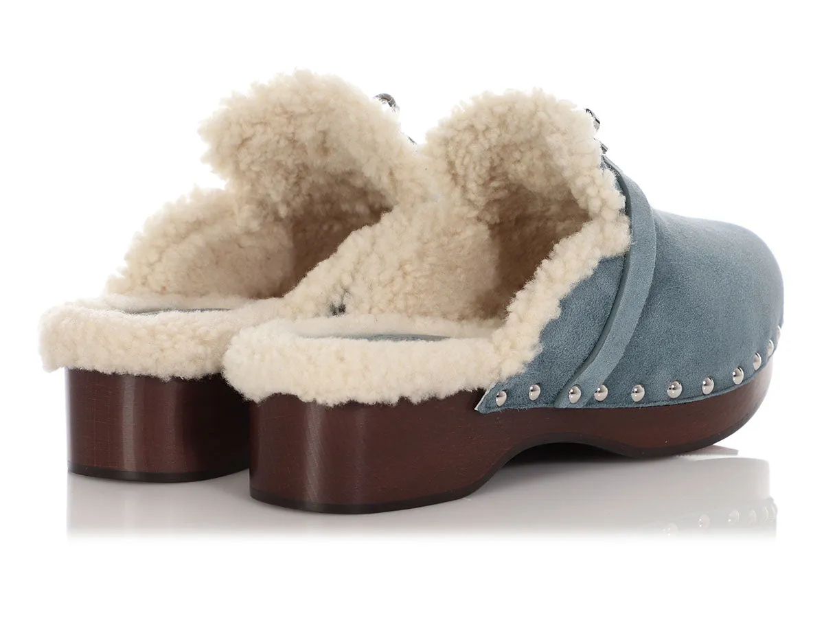 Hermès Bleu Pinède Suede Carlotta Mules