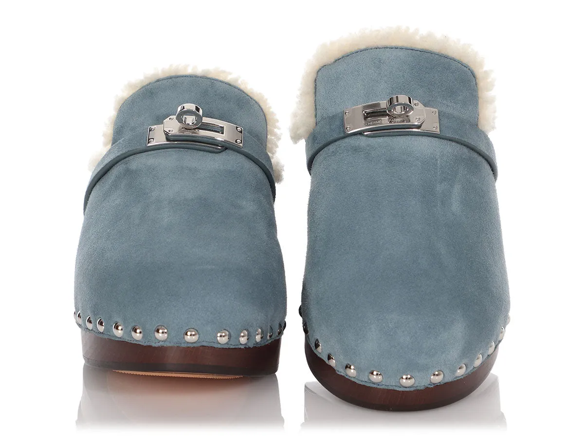 Hermès Bleu Pinède Suede Carlotta Mules