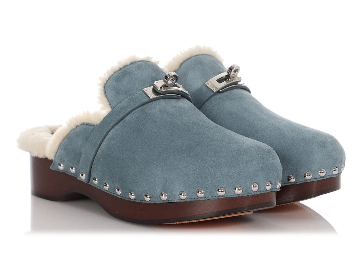 Hermès Bleu Pinède Suede Carlotta Mules