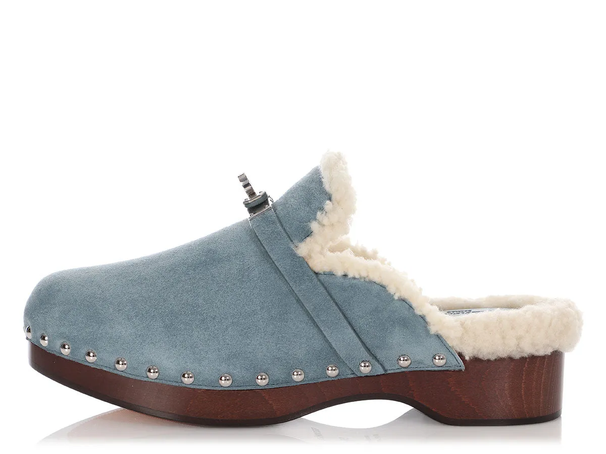 Hermès Bleu Pinède Suede Carlotta Mules