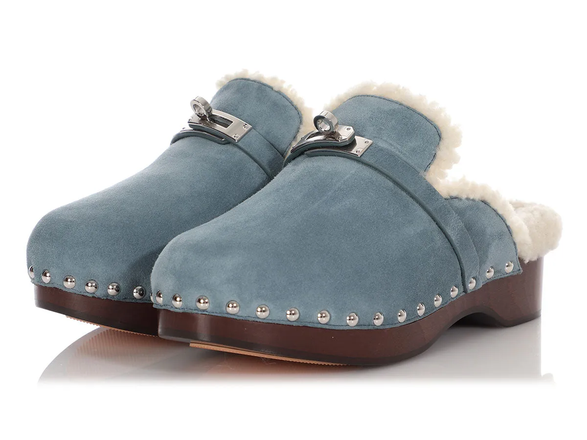 Hermès Bleu Pinède Suede Carlotta Mules