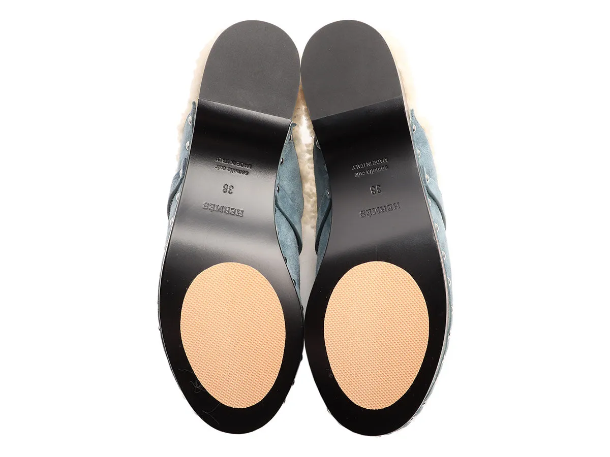 Hermès Bleu Pinède Suede Carlotta Mules