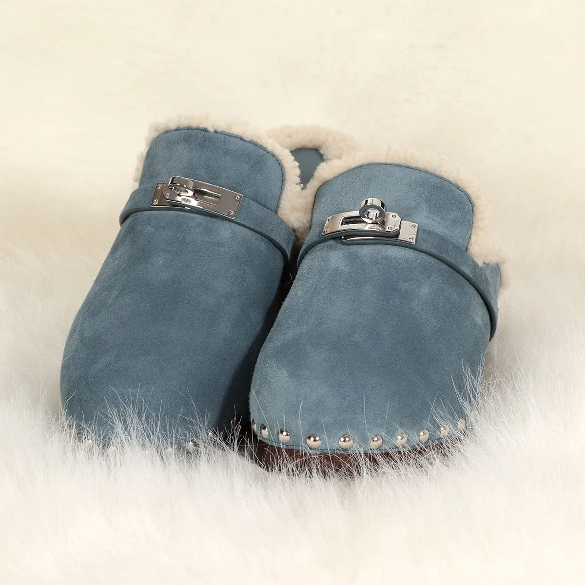 Hermès Bleu Pinède Suede Carlotta Mules