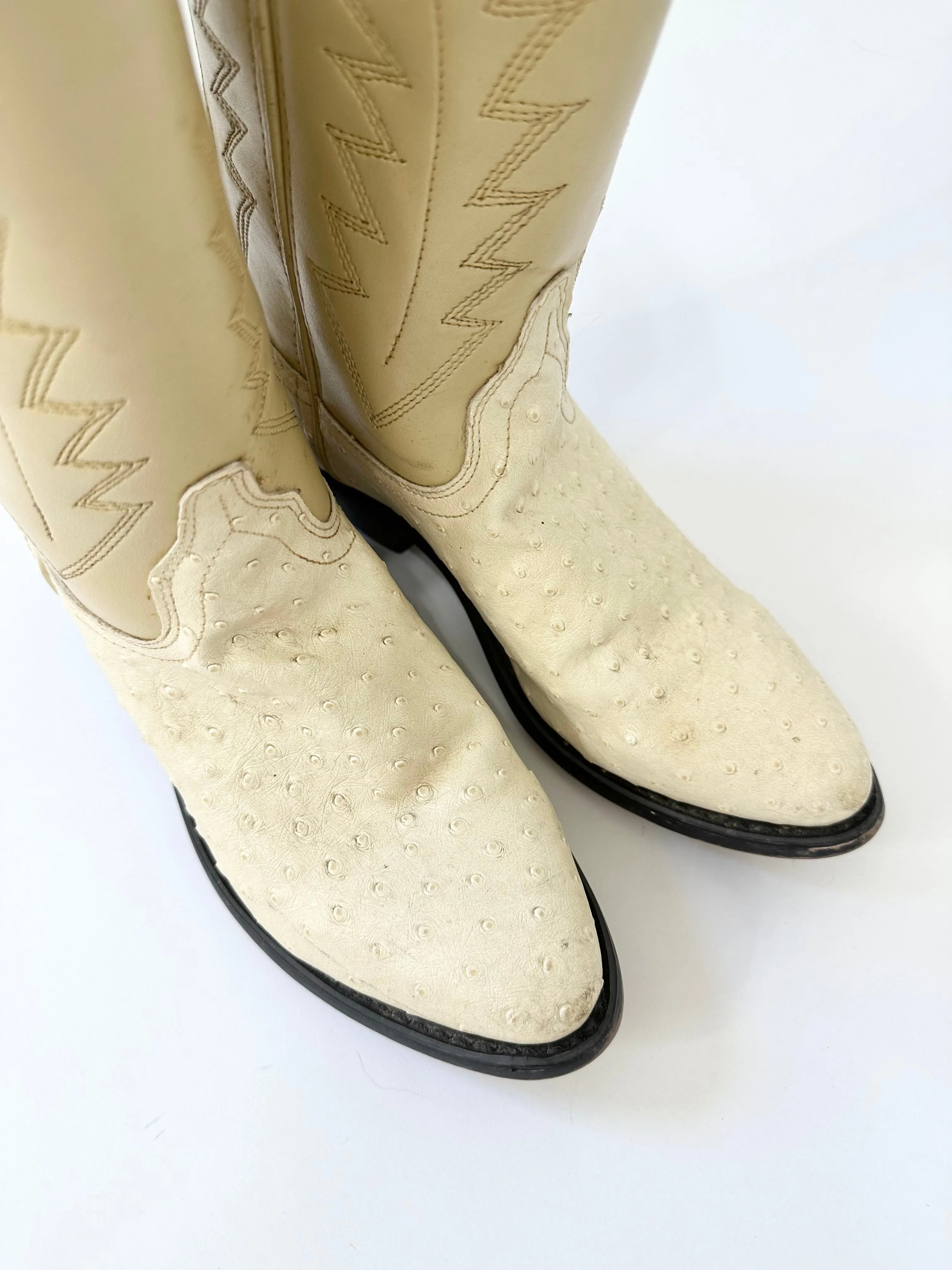 Oatmilk Latte Ostrich Leather Cowboy Boots (5.5)