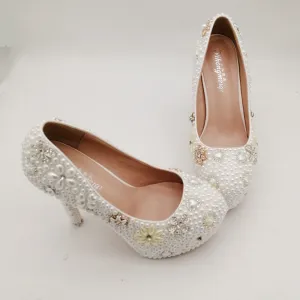 Round-Toe Vintage Pearl Stiletto Solid Color Party Shoes