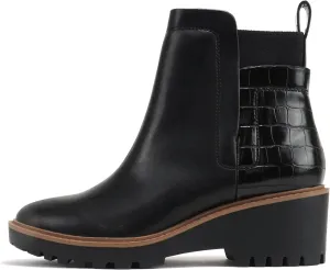 Soda BAIT ~ Women Round Toe Pull-On Elastic Gore Two-Tone Print Lug Sole Low Wedge Heel Ankle Boot