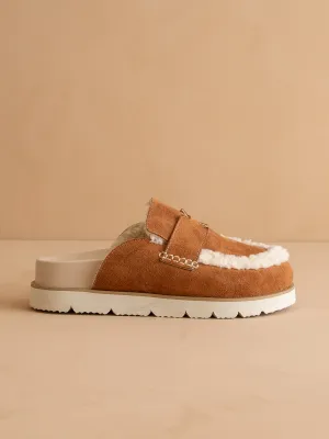 The Avalon | Caramel Suede Shearling Cozy Loafer Mule