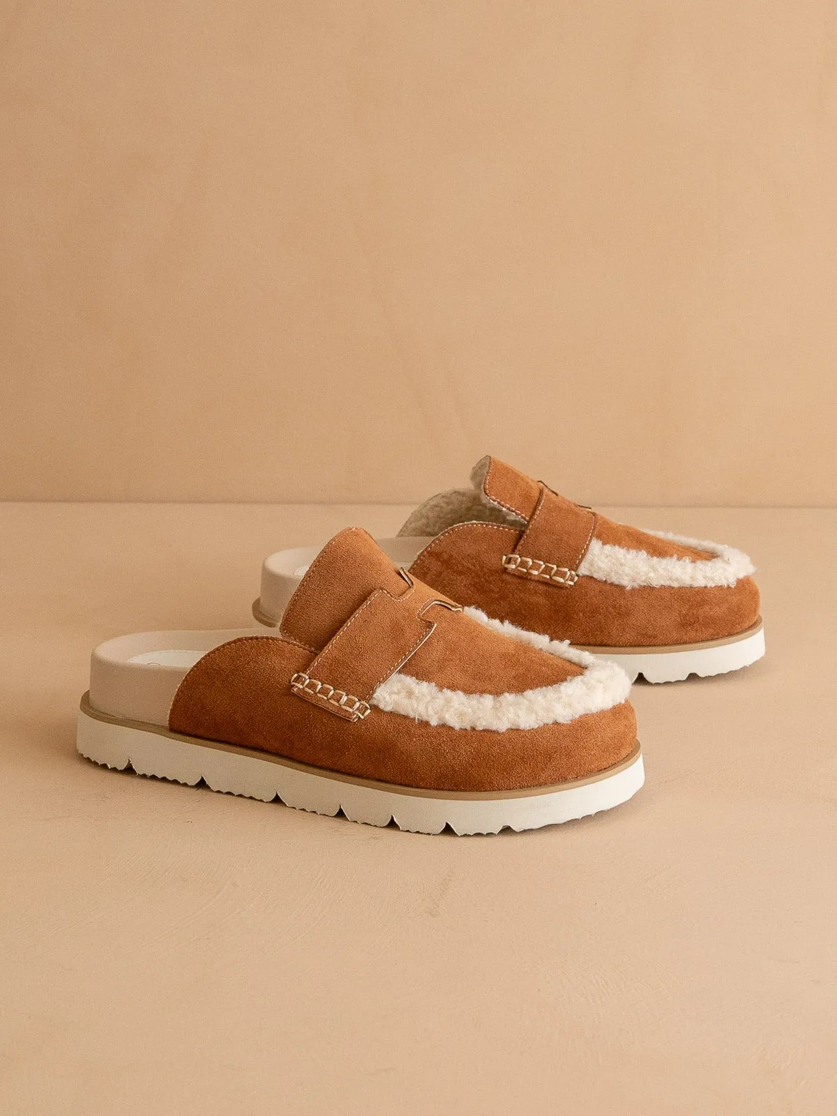 The Avalon | Caramel Suede Shearling Cozy Loafer Mule