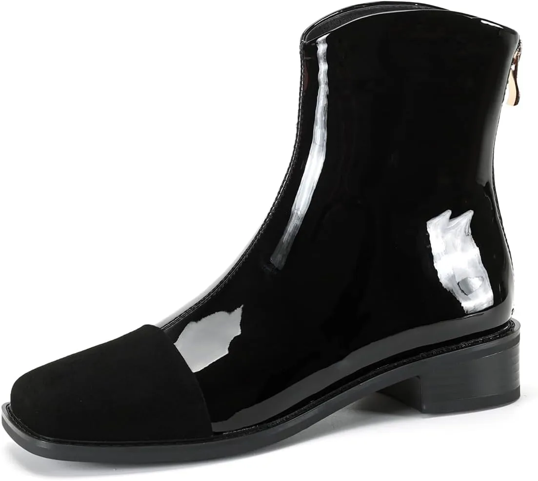 TinaCus Women's Patent or Genuine Leather Suede Square Toe Back Zip Up Handmade Block Heel Ankle Boots