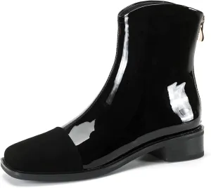 TinaCus Women's Patent or Genuine Leather Suede Square Toe Back Zip Up Handmade Block Heel Ankle Boots
