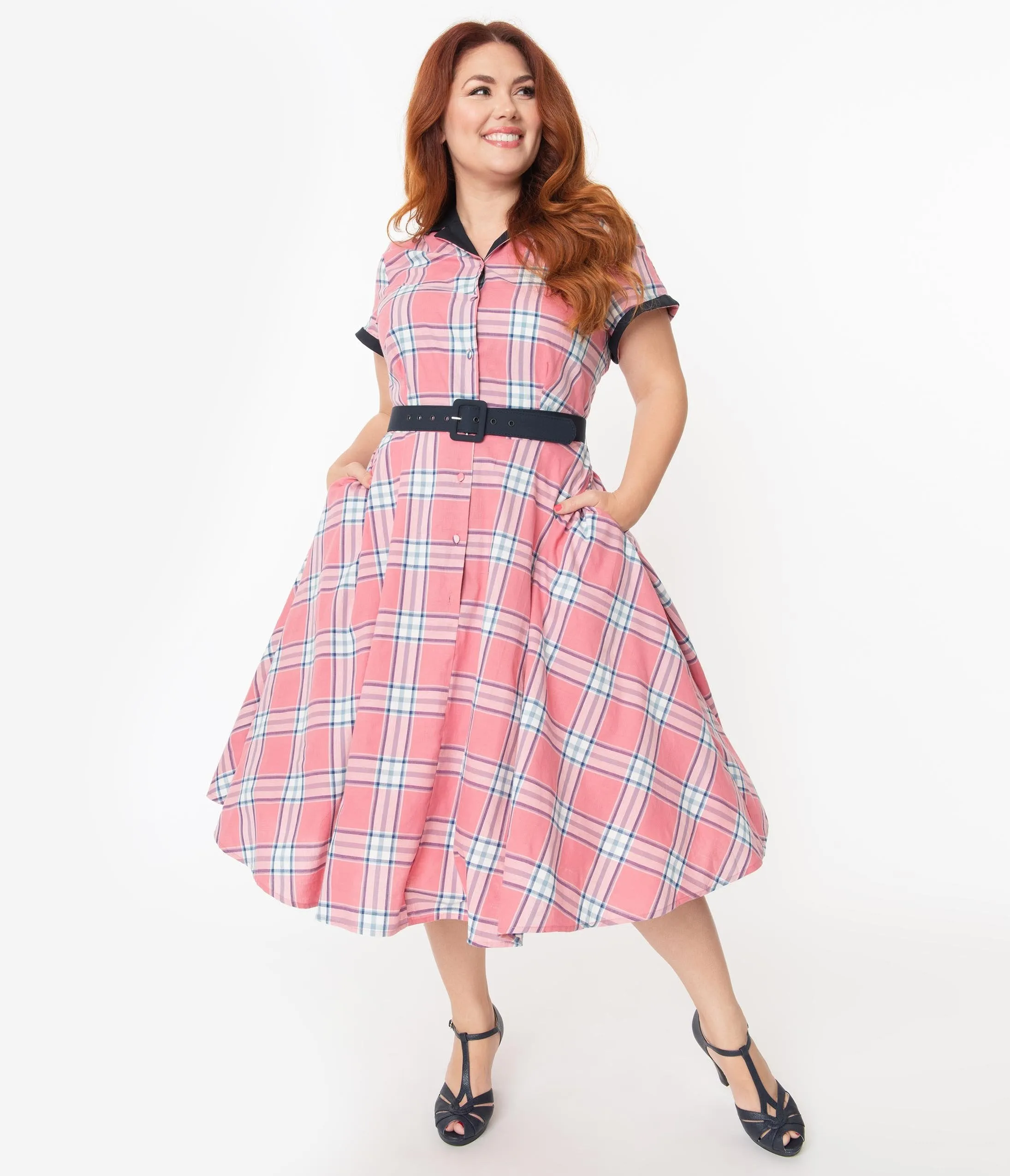 Unique Vintage Plus Size 1950s Style Light Pink Plaid Alexis Swing Dress