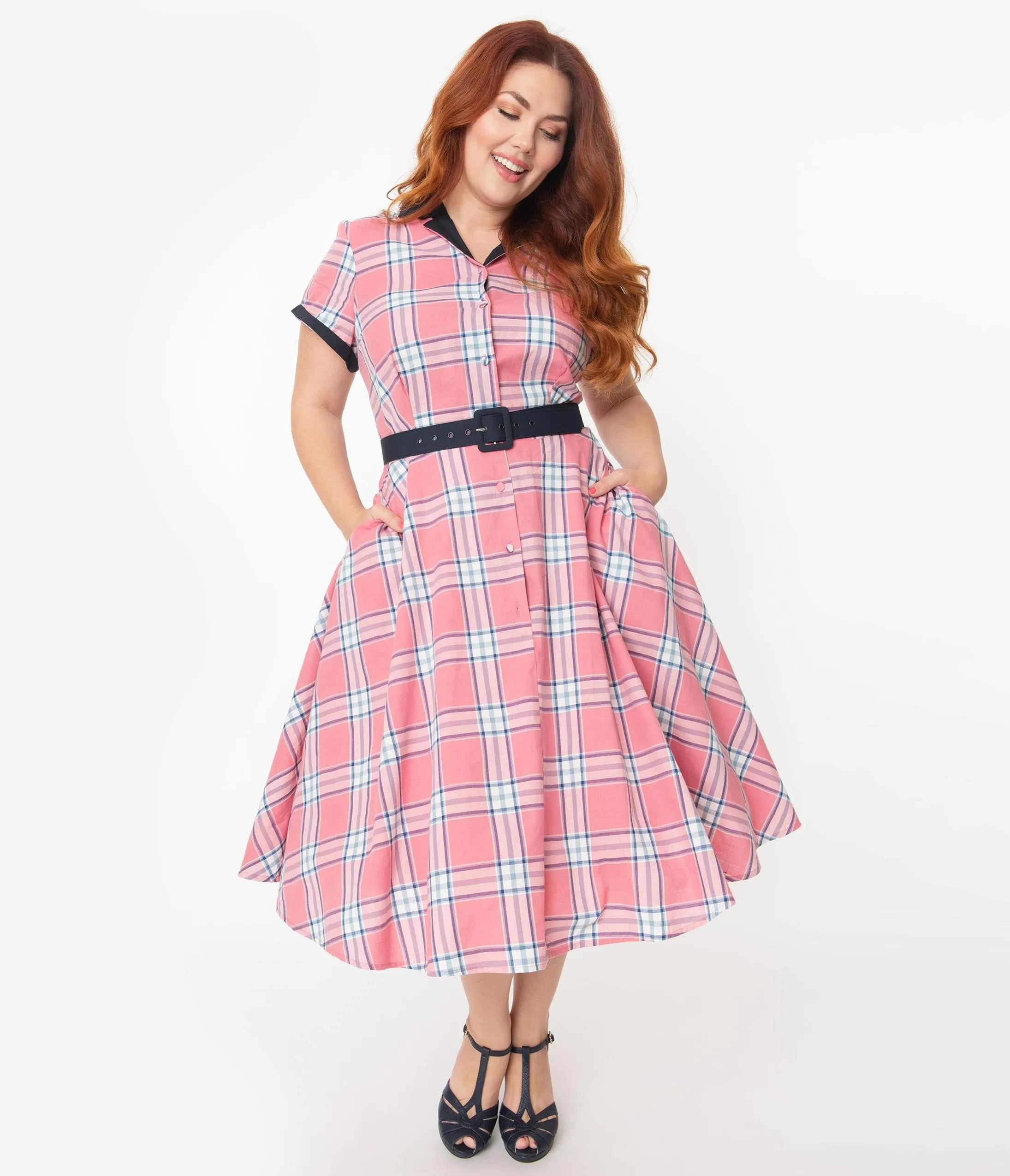 Unique Vintage Plus Size 1950s Style Light Pink Plaid Alexis Swing Dress