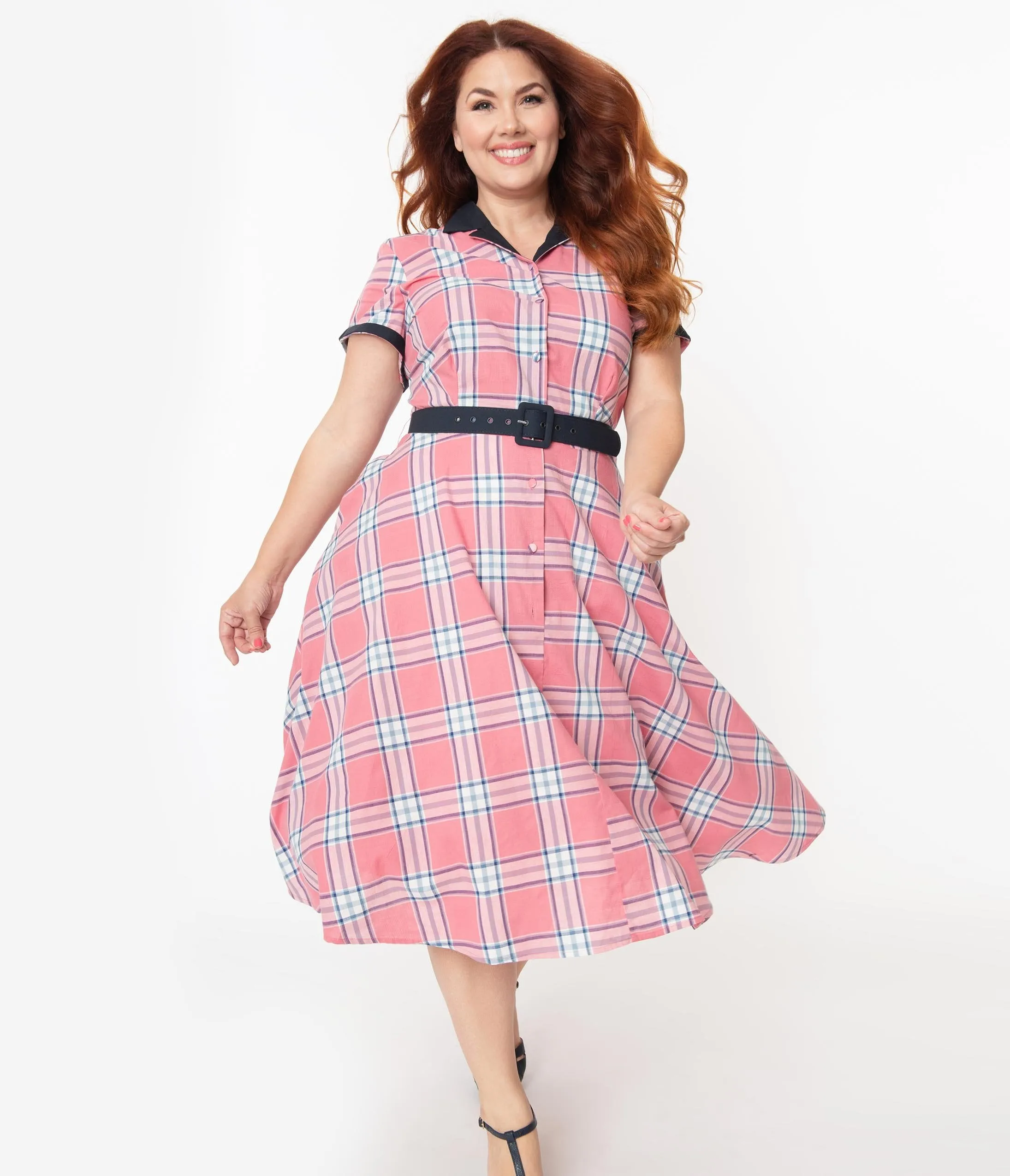 Unique Vintage Plus Size 1950s Style Light Pink Plaid Alexis Swing Dress