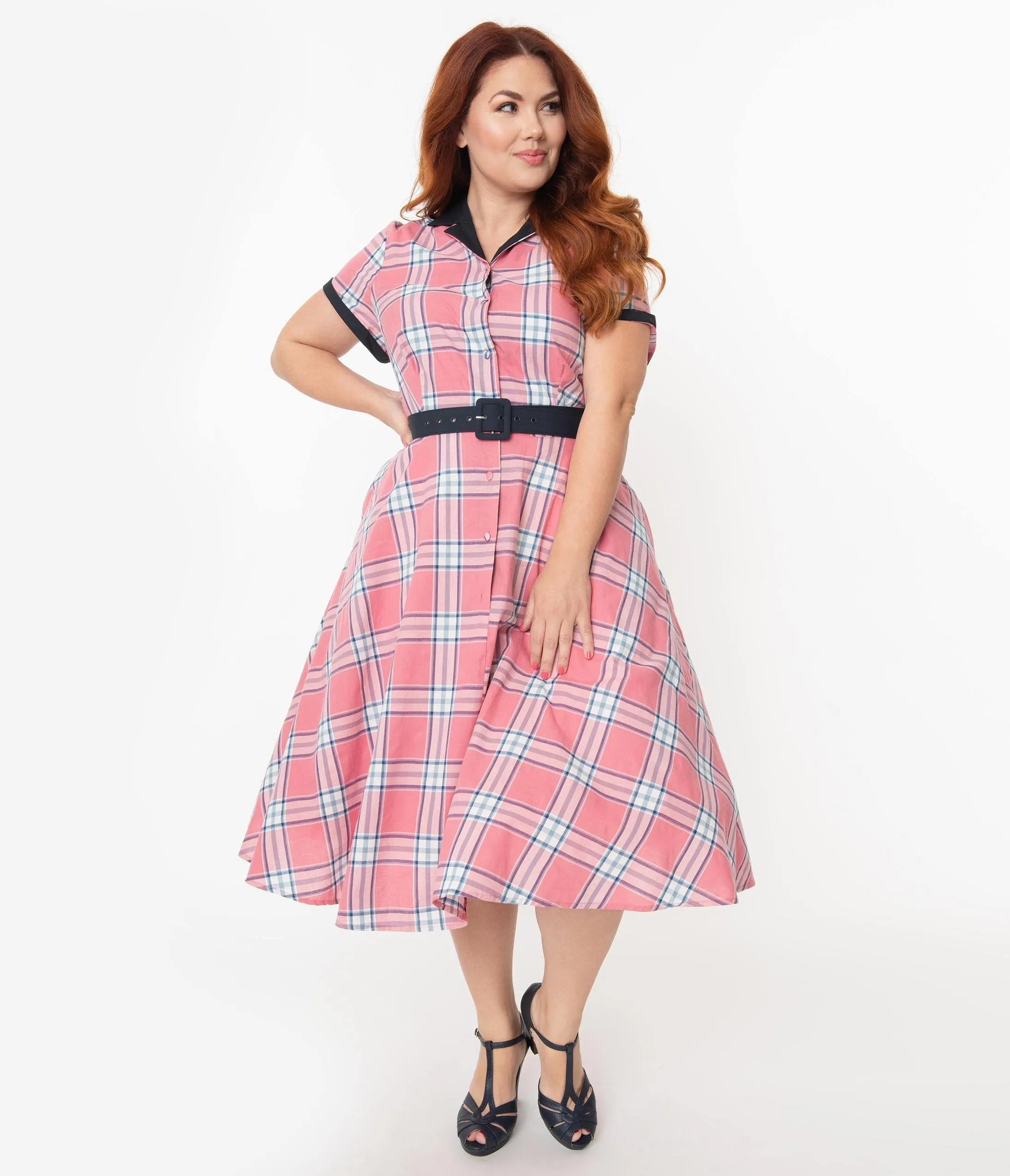 Unique Vintage Plus Size 1950s Style Light Pink Plaid Alexis Swing Dress