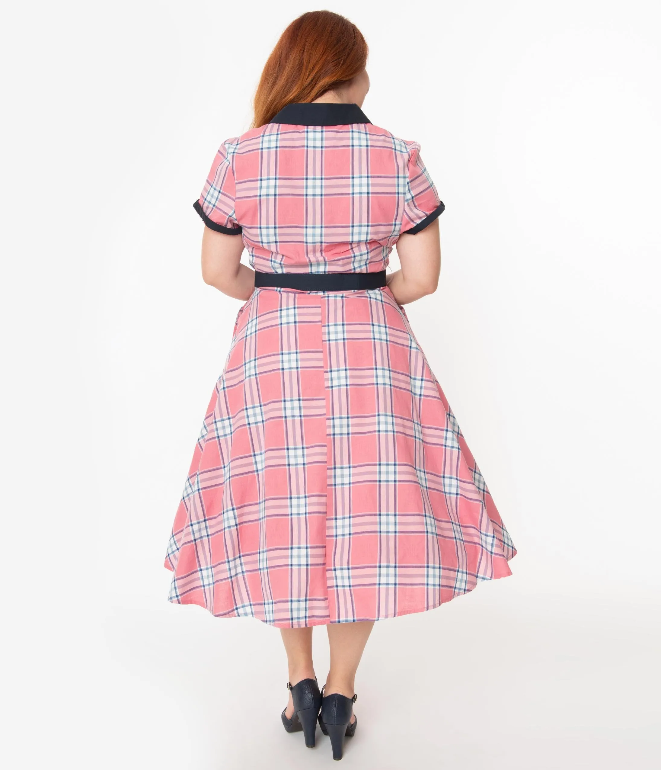 Unique Vintage Plus Size 1950s Style Light Pink Plaid Alexis Swing Dress