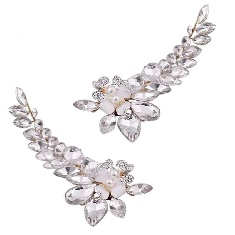 Vintage Inspired Crystal Bridal Shoe Clips. Hand Painted Flowers, Silver Finish 7503