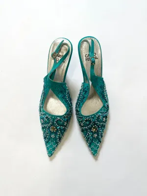 Vintage Turquoise Blue Beaded Slingback Mules (7.5)