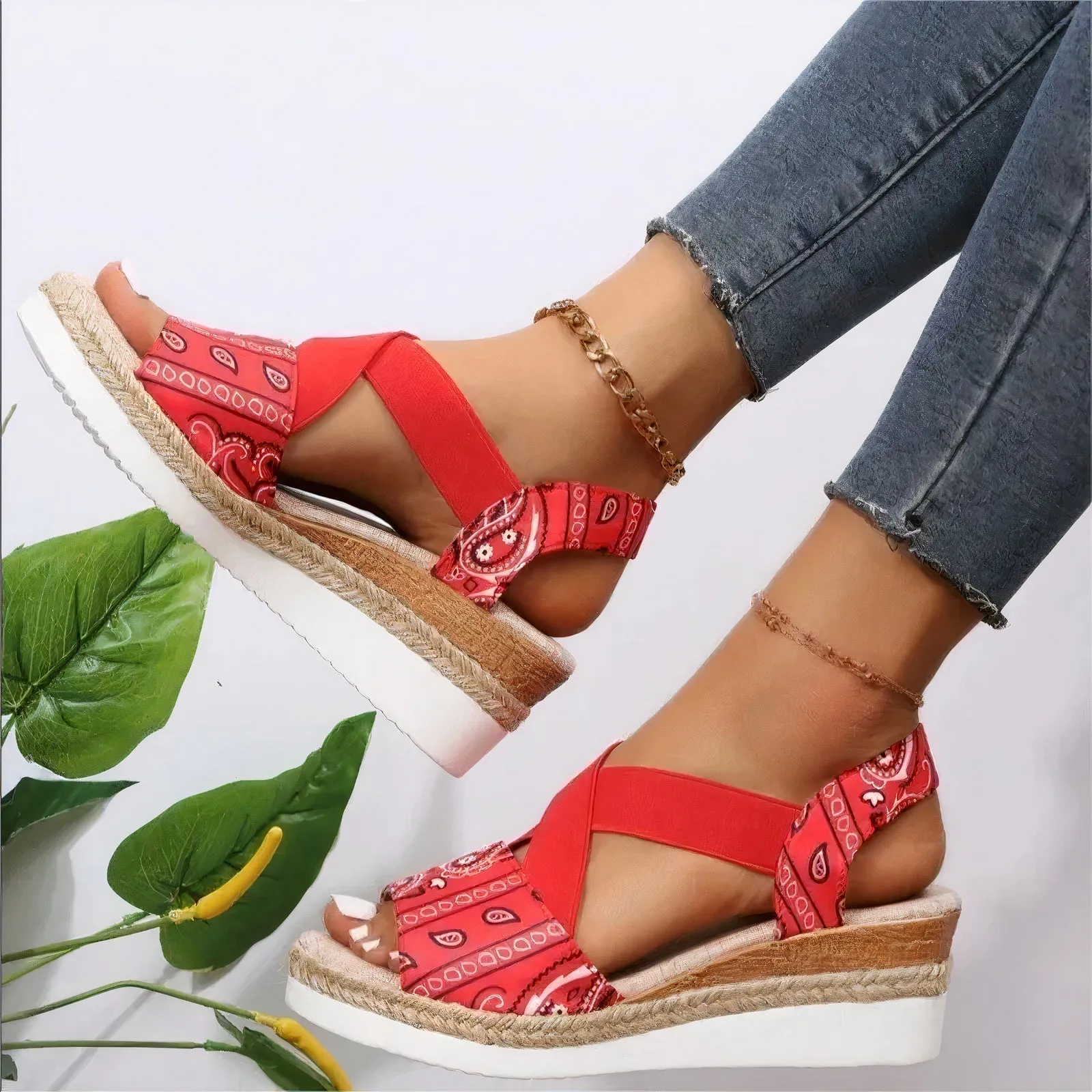 Women's Casual Cross-Strap Retro Sandals Breathable Thick Sole Wedge Heel Sandals