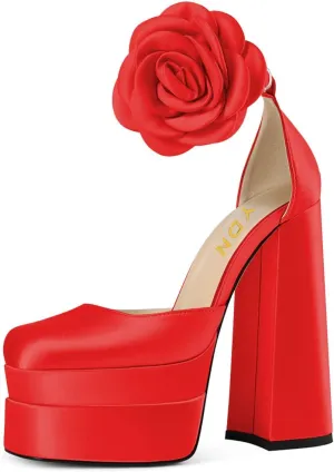 YDN Women Platform Square Toe Pumps Flower Block High Heels Ankle Strap Heeled D'Orsay Party Prom Shoe Size 4-15 US