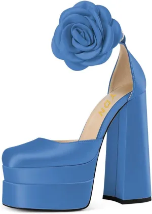 YDN Women Platform Square Toe Pumps Flower Block High Heels Ankle Strap Heeled D'Orsay Party Prom Shoe Size 4-15 US
